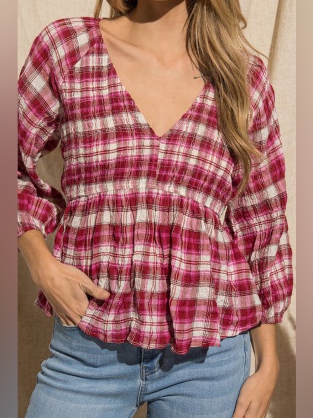 Baevely Women’s Fuchsia Plaid V-Neck Peplum Top! Size Medium.